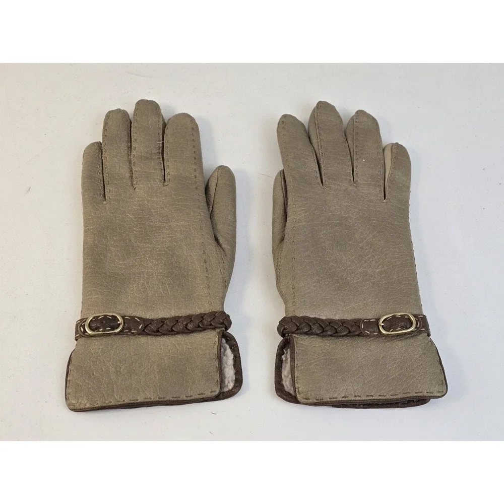 Vintage Van‎ Raalte Brown Vegan Leather Ladies Medium Gloves Sherpa Lining